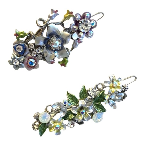 Silver Tone Enamel & Crystal Floral Barrette Duo - Picture 2 of 6